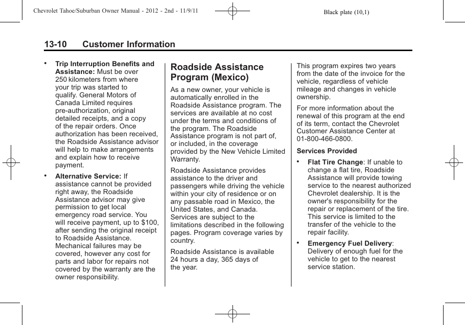 Roadside assistance program (mexico), Roadside assistance, Program (mexico) -10 | 10 customer information | CHEVROLET 2012 Suburban User Manual | Page 510 / 544