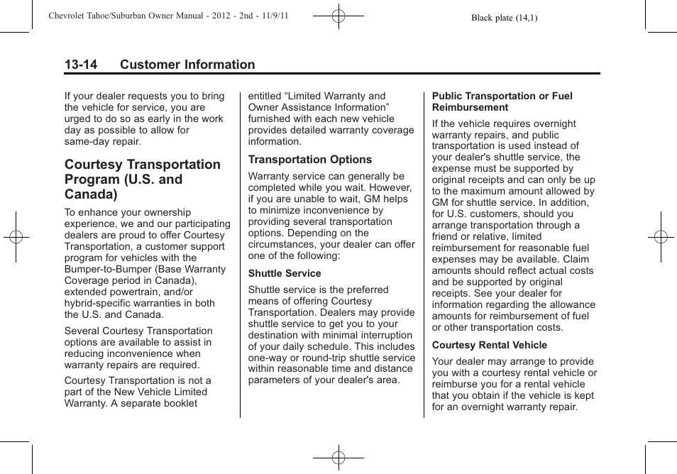 Courtesy transportation program (u.s. and canada), Courtesy transportation, Program (u.s. and canada) -14 | CHEVROLET 2012 Suburban User Manual | Page 514 / 544