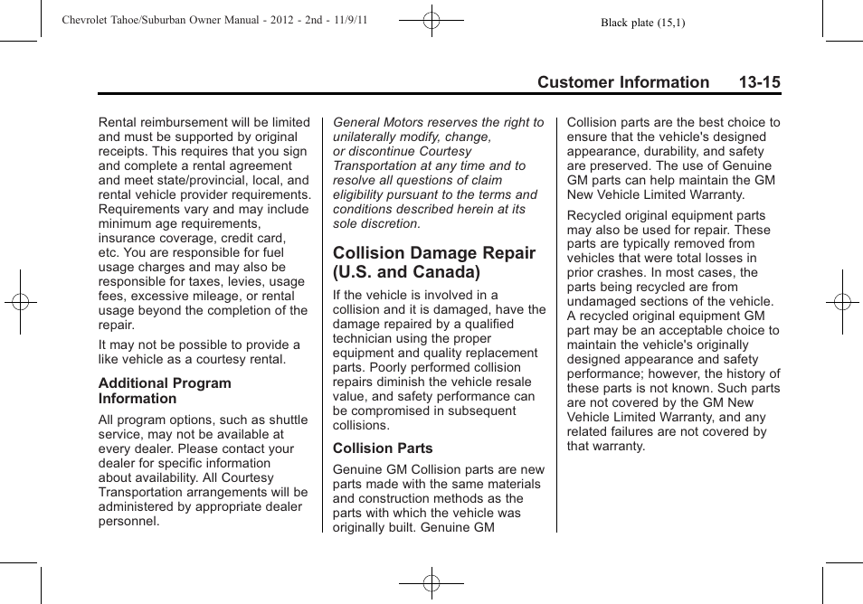 Collision damage repair (u.s. and canada), Collision damage repair, U.s. and canada) -15 | Procedure | CHEVROLET 2012 Suburban User Manual | Page 515 / 544