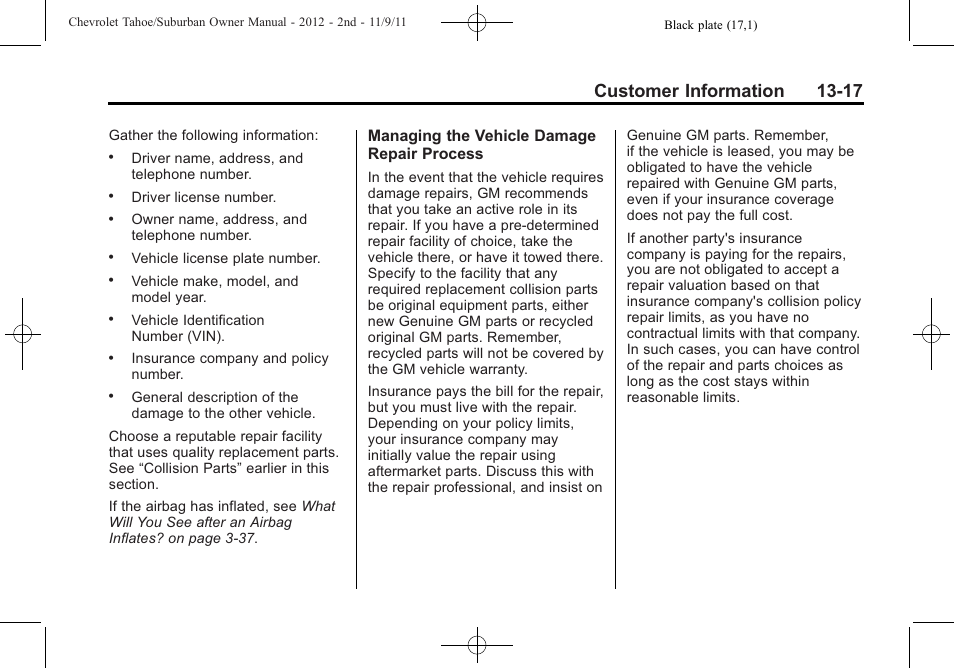 Customer information 13-17 | CHEVROLET 2012 Suburban User Manual | Page 517 / 544