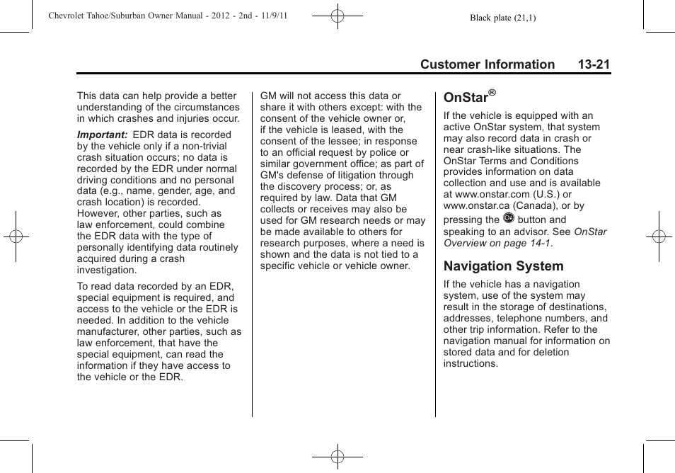 Onstar, Navigation system, System -21 | CHEVROLET 2012 Suburban User Manual | Page 521 / 544