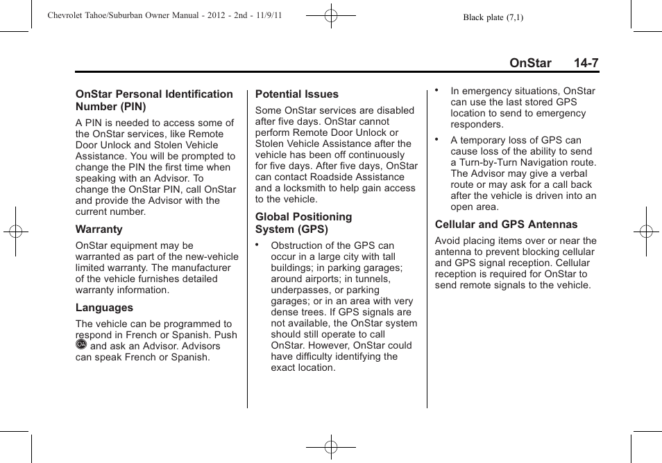 Onstar 14-7 | CHEVROLET 2012 Suburban User Manual | Page 529 / 544