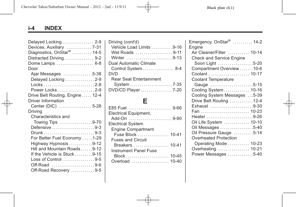 Index_e, I-4 index | CHEVROLET 2012 Suburban User Manual | Page 534 / 544