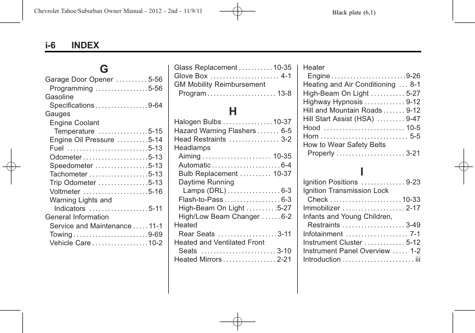 Index_g, Index_h, Index_i | CHEVROLET 2012 Suburban User Manual | Page 536 / 544