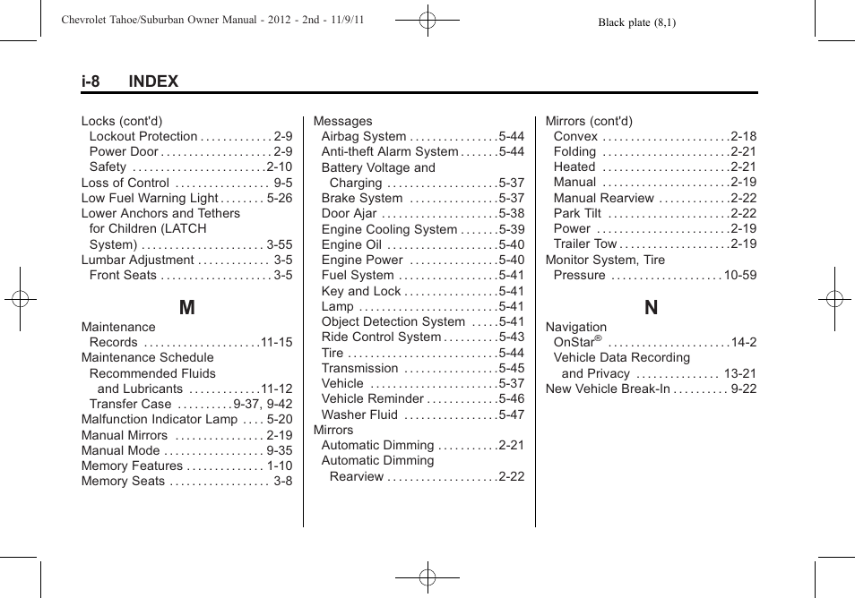 Index_m, Index_n, I-8 index | CHEVROLET 2012 Suburban User Manual | Page 538 / 544
