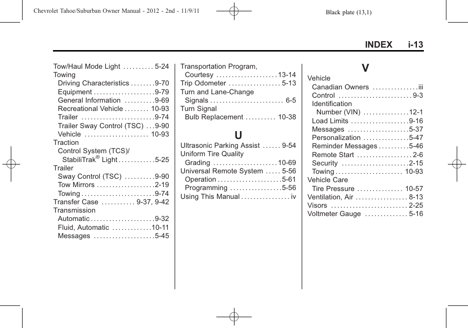 Index_u, Index_v, Index i-13 | CHEVROLET 2012 Suburban User Manual | Page 543 / 544