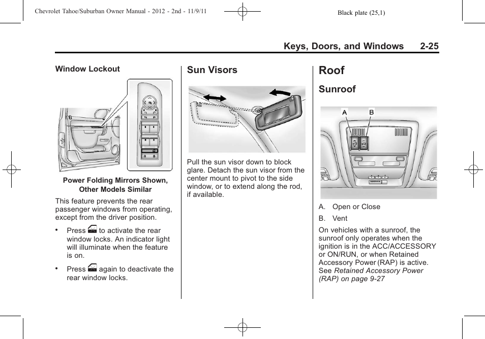 Sun visors, Roof, Sunroof | Roof -25, Sun visors -25, Sunroof -25 | CHEVROLET 2012 Suburban User Manual | Page 61 / 544