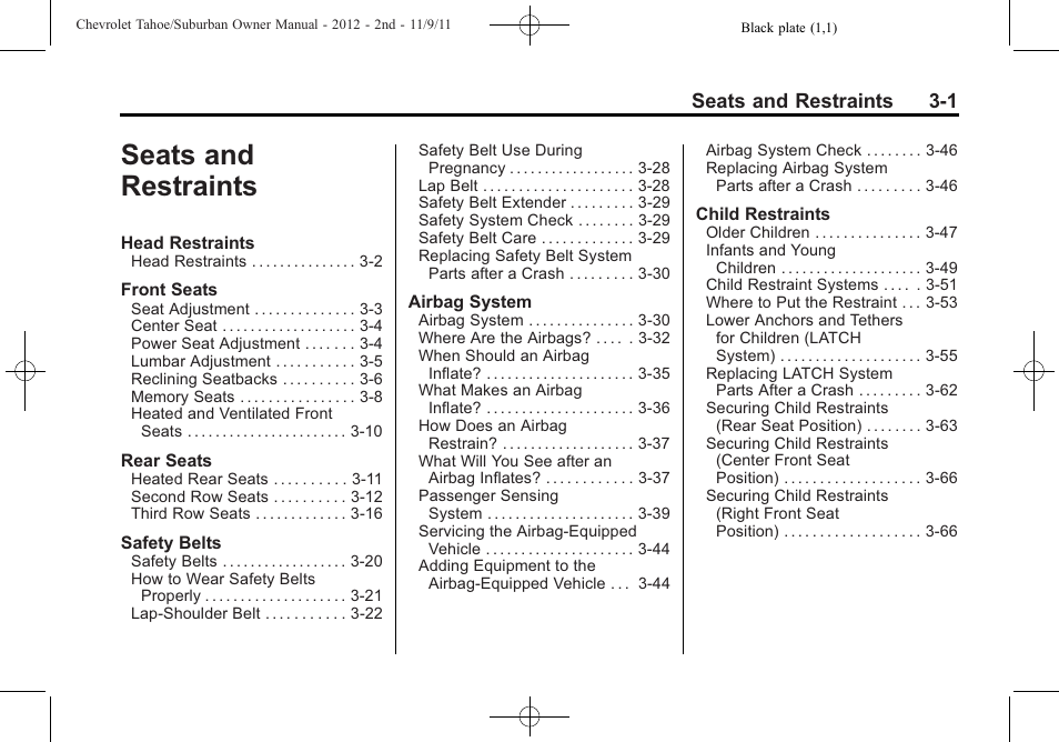 Seats and restraints, Seats and restraints -1, Seats and restraints 3-1 | CHEVROLET 2012 Suburban User Manual | Page 63 / 544