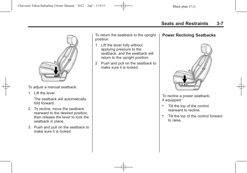 Seats and restraints 3-7 | CHEVROLET 2012 Suburban User Manual | Page 69 / 544