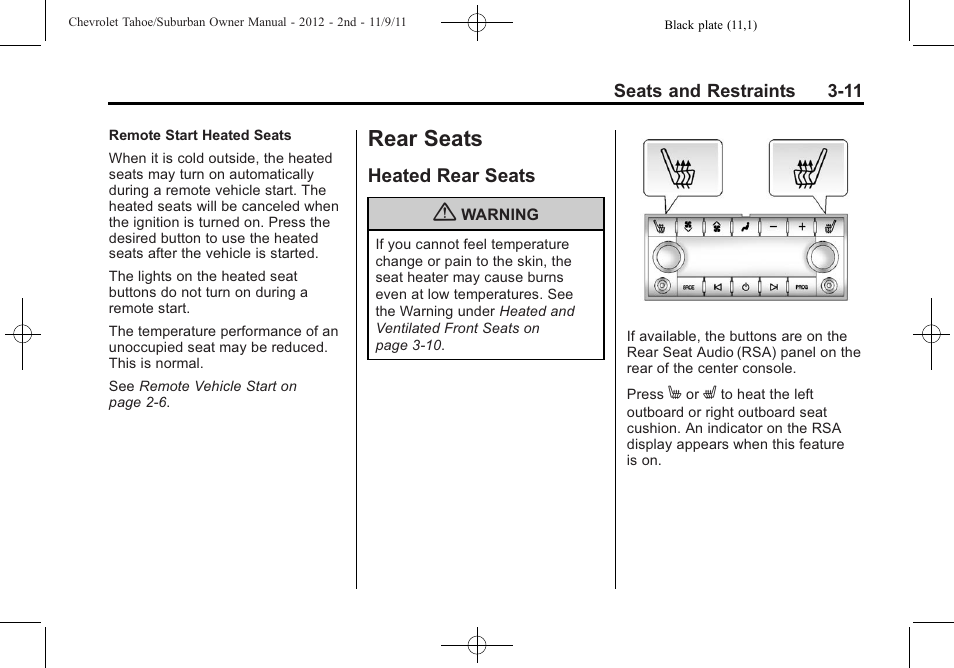 Rear seats, Heated rear seats, Rear seats -11 | Heated rear seats -11 | CHEVROLET 2012 Suburban User Manual | Page 73 / 544