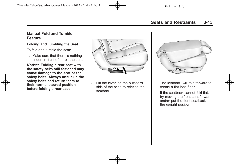 Seats and restraints 3-13 | CHEVROLET 2012 Suburban User Manual | Page 75 / 544