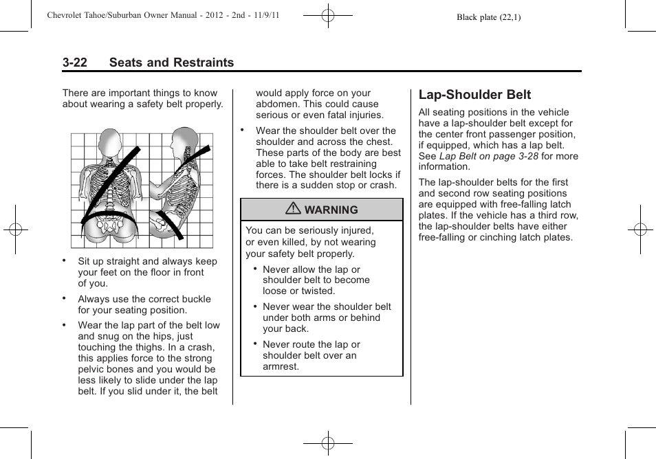 Lap-shoulder belt, Lap-shoulder belt -22, 22 seats and restraints | CHEVROLET 2012 Suburban User Manual | Page 84 / 544