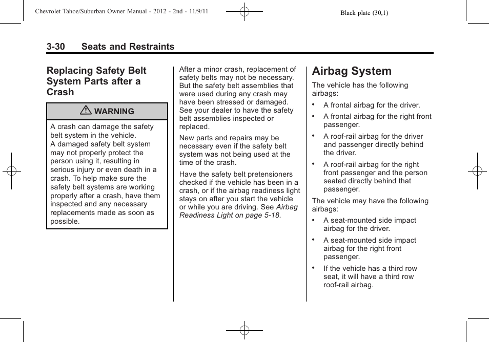 Replacing safety belt system parts after a crash, Airbag system, Airbag system -30 | Audio players, Safety belt system, Parts after a crash -30, 30 seats and restraints | CHEVROLET 2012 Suburban User Manual | Page 92 / 544