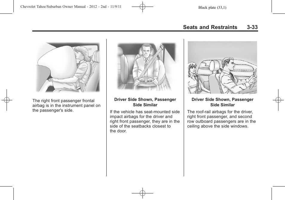 Seats and restraints 3-33 | CHEVROLET 2012 Suburban User Manual | Page 95 / 544