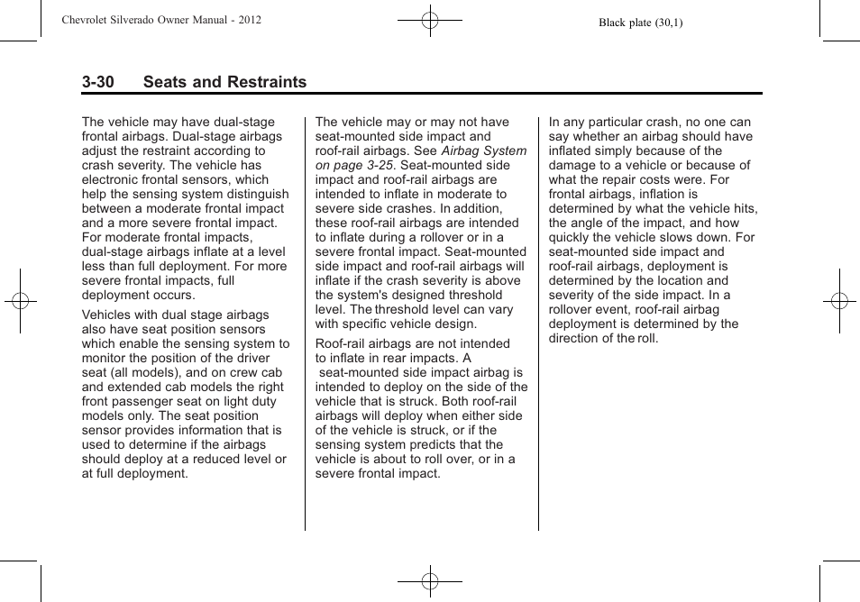 30 seats and restraints | CHEVROLET 2012 Silverado User Manual | Page 102 / 608