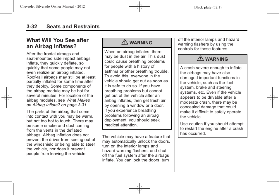 What will you see after an airbag inflates, What will you see after an, Airbag inflates? -32 | CHEVROLET 2012 Silverado User Manual | Page 104 / 608