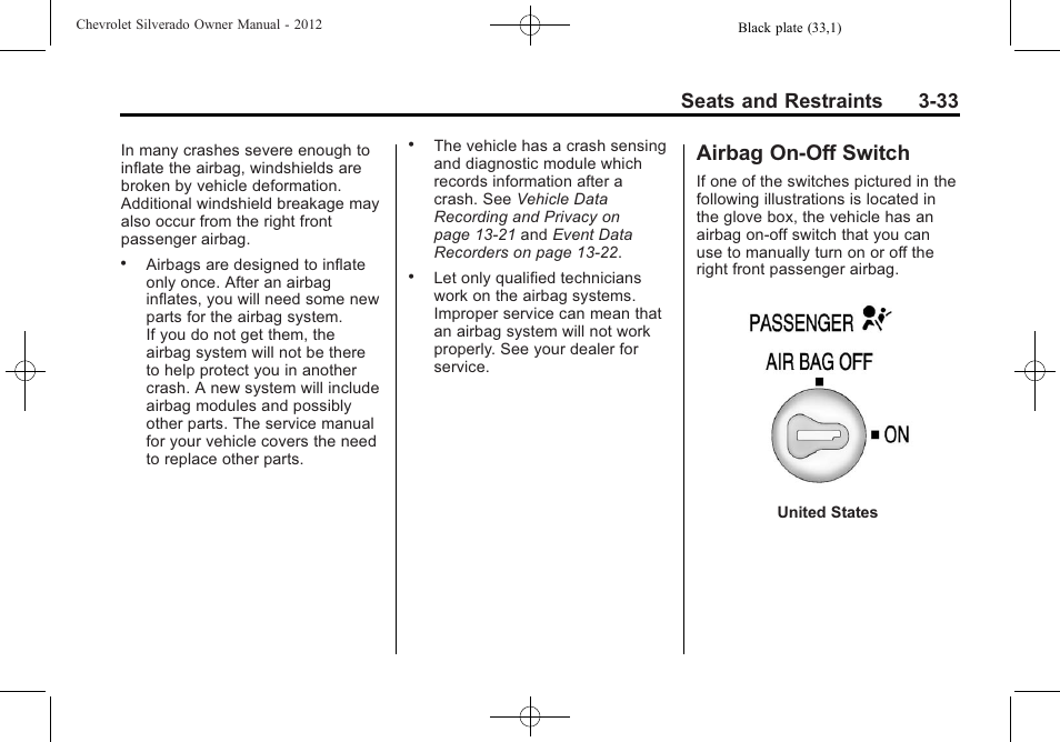 Airbag on-off switch, Airbag on-off switch -33, Seats and restraints 3-33 | CHEVROLET 2012 Silverado User Manual | Page 105 / 608