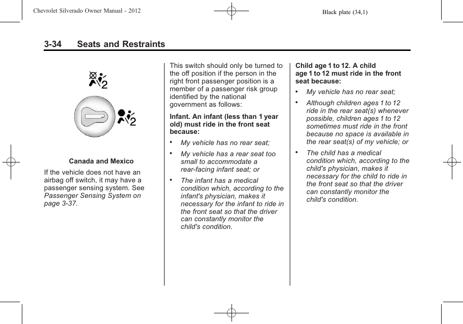 34 seats and restraints | CHEVROLET 2012 Silverado User Manual | Page 106 / 608