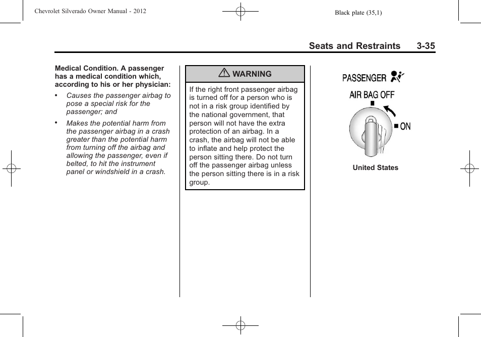 Seats and restraints 3-35 | CHEVROLET 2012 Silverado User Manual | Page 107 / 608