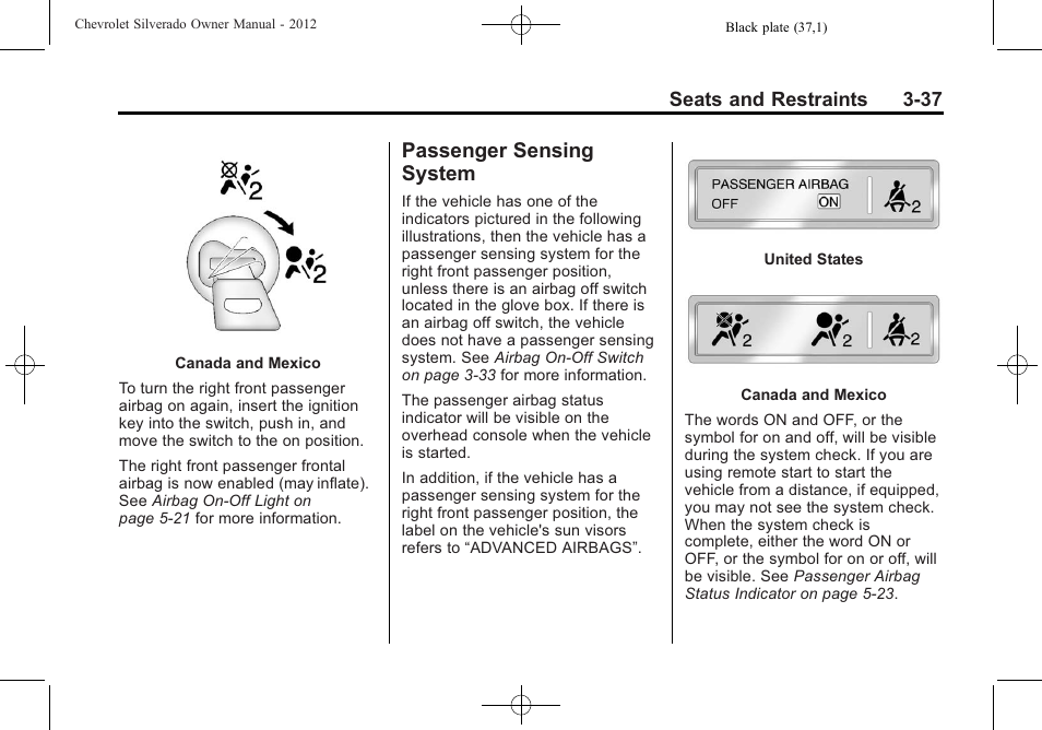 Passenger sensing system, Passenger sensing, System -37 | Securing | CHEVROLET 2012 Silverado User Manual | Page 109 / 608