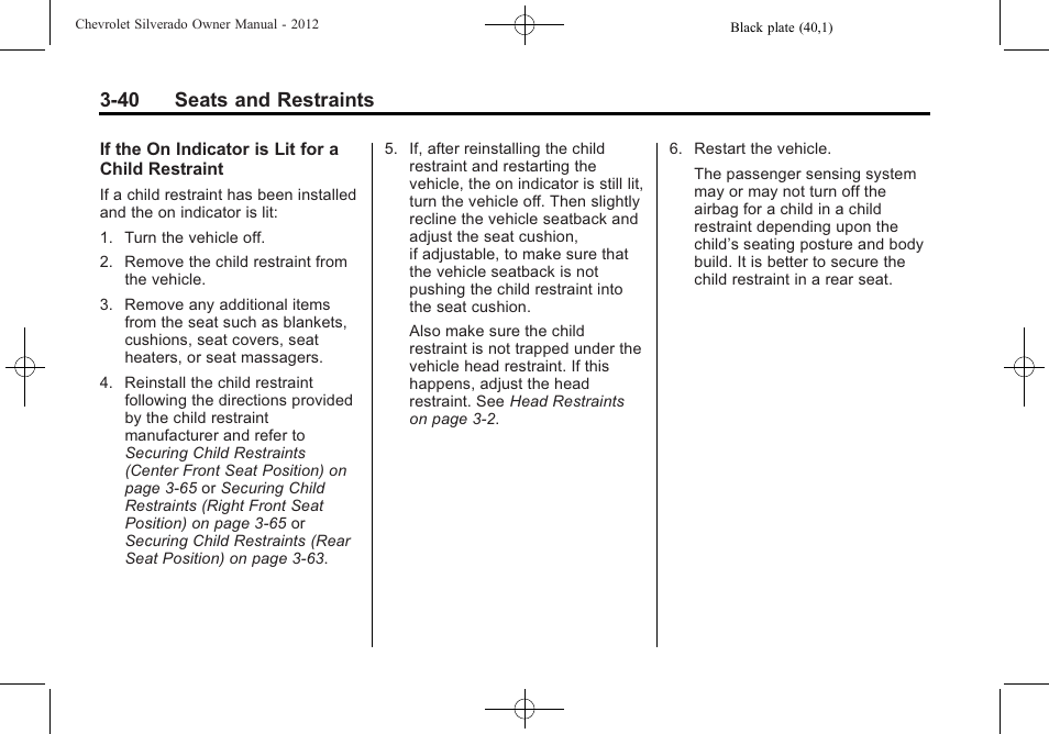 40 seats and restraints | CHEVROLET 2012 Silverado User Manual | Page 112 / 608