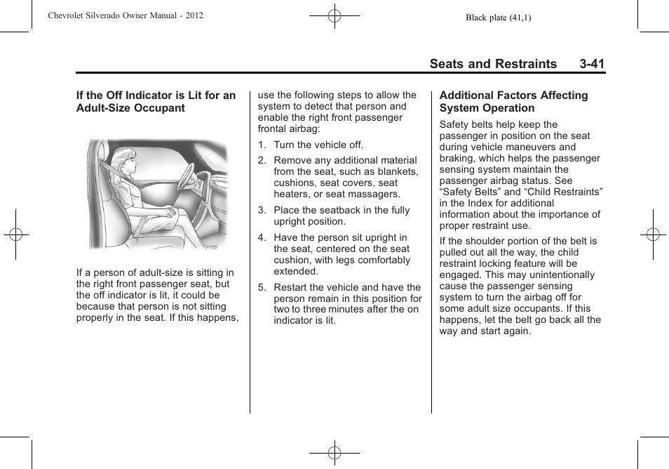 Seats and restraints 3-41 | CHEVROLET 2012 Silverado User Manual | Page 113 / 608