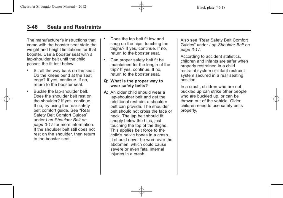 46 seats and restraints | CHEVROLET 2012 Silverado User Manual | Page 118 / 608