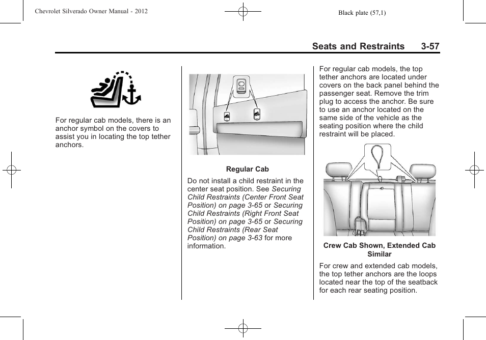 Seats and restraints 3-57 | CHEVROLET 2012 Silverado User Manual | Page 129 / 608