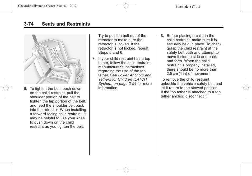 74 seats and restraints | CHEVROLET 2012 Silverado User Manual | Page 146 / 608