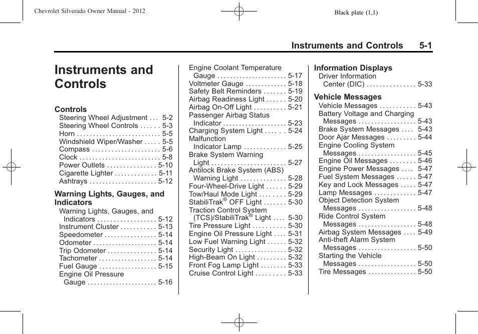 Instruments and controls, Instruments and controls 5-1 | CHEVROLET 2012 Silverado User Manual | Page 149 / 608