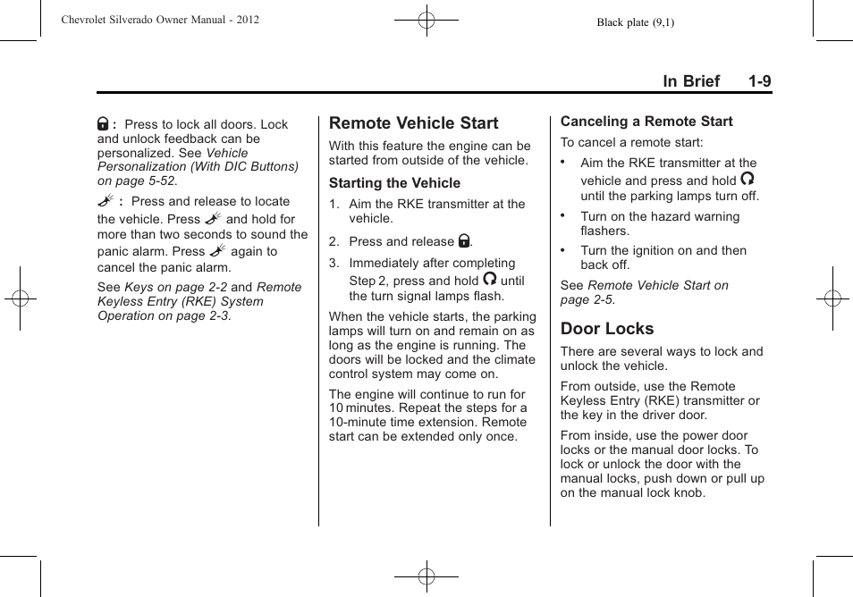 Remote vehicle start, Door locks, Remote vehicle start -9 door locks -9 | Four-wheel | CHEVROLET 2012 Silverado User Manual | Page 15 / 608