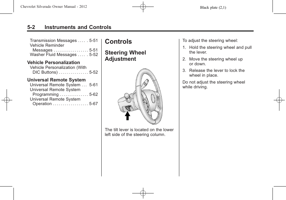 Controls, Steering wheel adjustment, Controls -2 | Driving and operating, Steering wheel adjustment on, Steering wheel adjustment -2 | CHEVROLET 2012 Silverado User Manual | Page 150 / 608