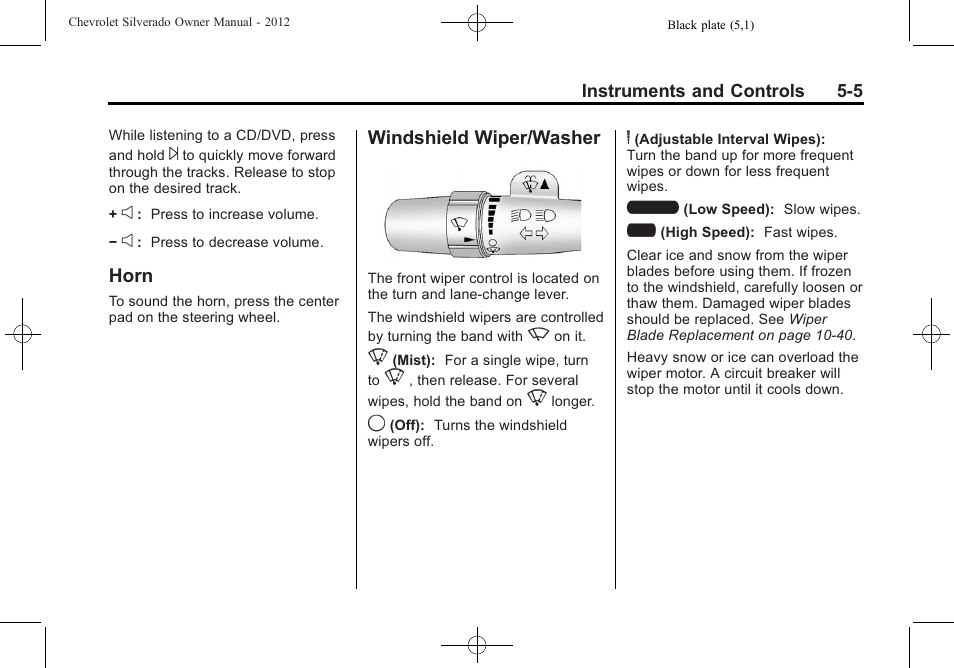 Horn, Windshield wiper/washer, Horn -5 windshield wiper/washer -5 | CHEVROLET 2012 Silverado User Manual | Page 153 / 608