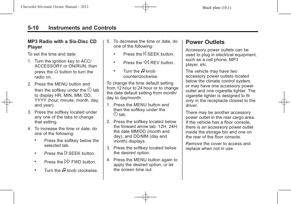 Power outlets, Power outlets -10, 10 instruments and controls | CHEVROLET 2012 Silverado User Manual | Page 158 / 608