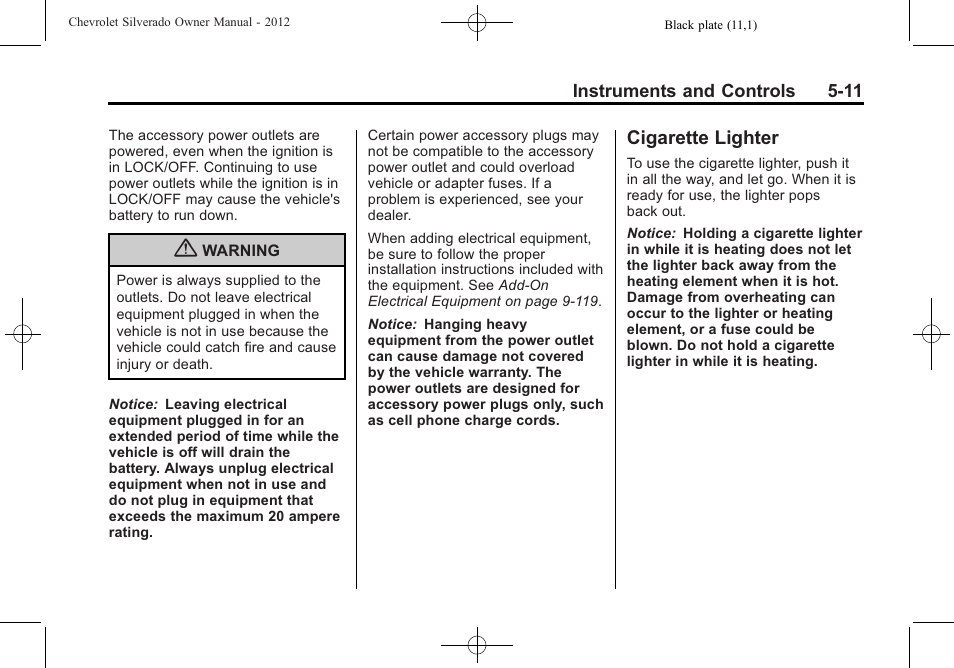 Cigarette lighter, Cigarette lighter -11 | CHEVROLET 2012 Silverado User Manual | Page 159 / 608