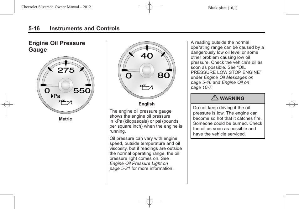 Engine oil pressure gauge, Engine oil pressure, Gauge -16 | CHEVROLET 2012 Silverado User Manual | Page 164 / 608