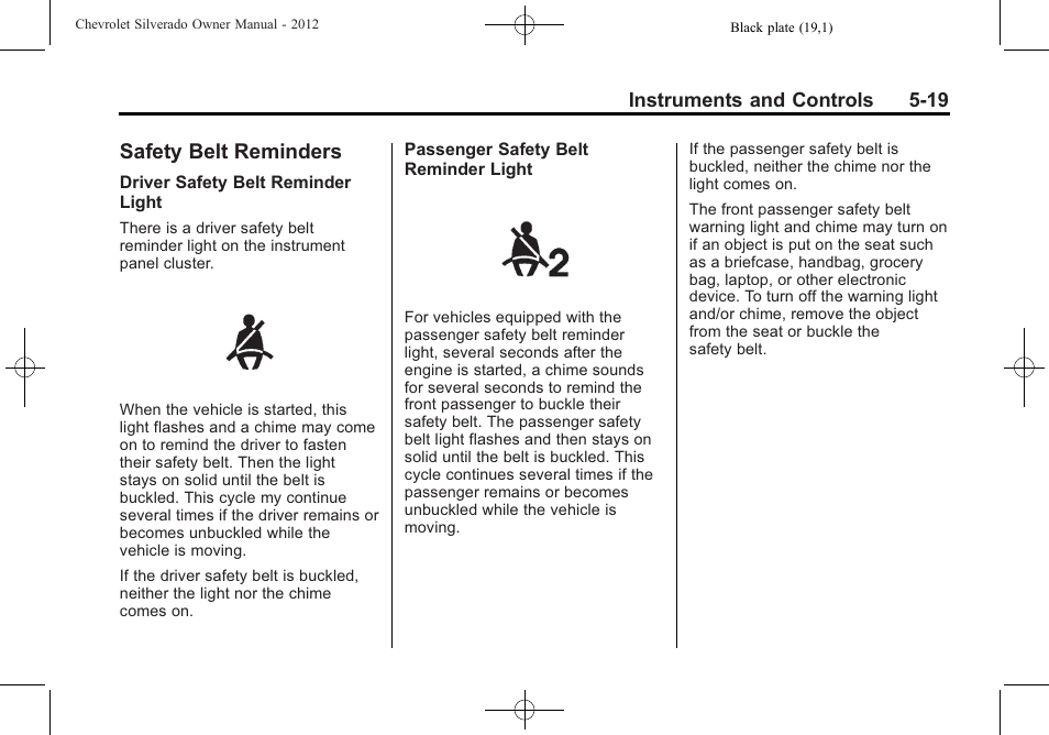 Safety belt reminders, Safety belt reminders -19 | CHEVROLET 2012 Silverado User Manual | Page 167 / 608