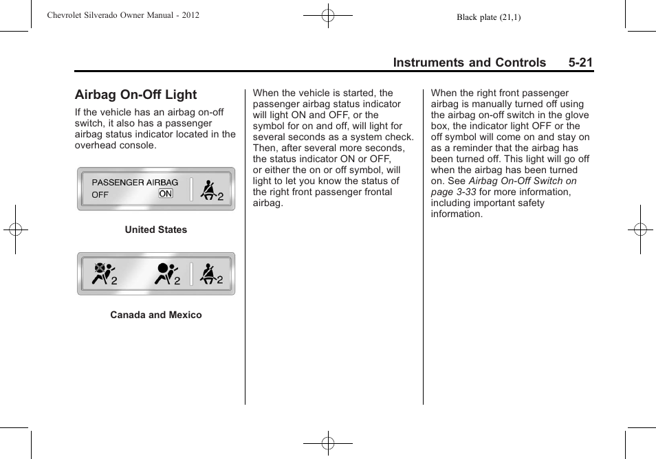 Airbag on-off light, Airbag on-off light -21 | CHEVROLET 2012 Silverado User Manual | Page 169 / 608