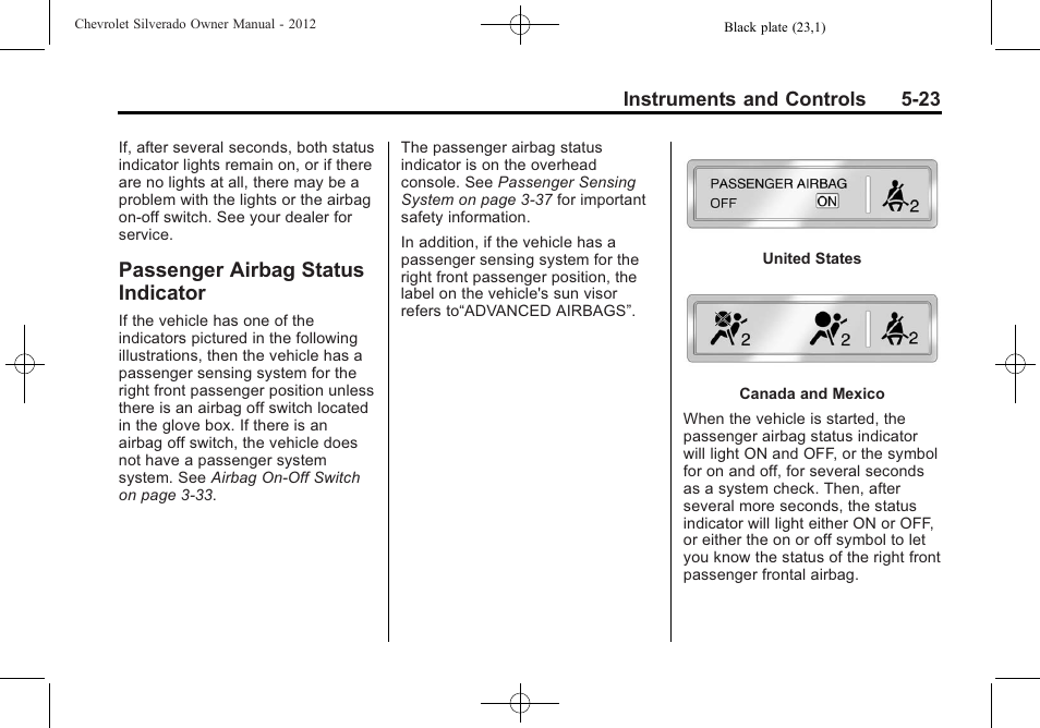 Passenger airbag status indicator, Passenger airbag status, Indicator -23 | CHEVROLET 2012 Silverado User Manual | Page 171 / 608