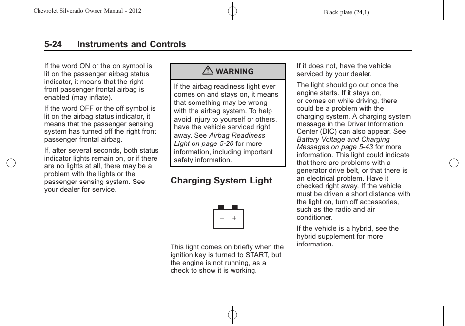 Charging system light, Charging system light -24 | CHEVROLET 2012 Silverado User Manual | Page 172 / 608