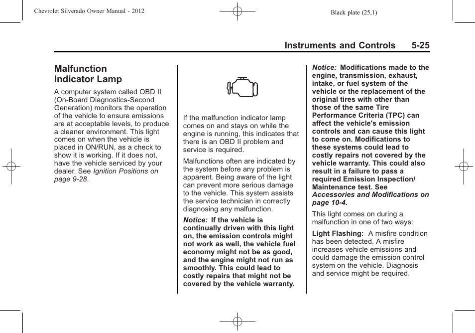 Malfunction indicator lamp, Malfunction, Indicator lamp -25 | CHEVROLET 2012 Silverado User Manual | Page 173 / 608