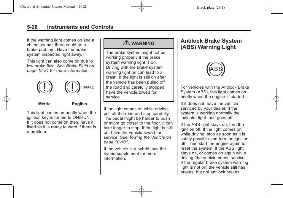 Antilock brake system (abs) warning light, Antilock brake system (abs), Warning light -28 | CHEVROLET 2012 Silverado User Manual | Page 176 / 608