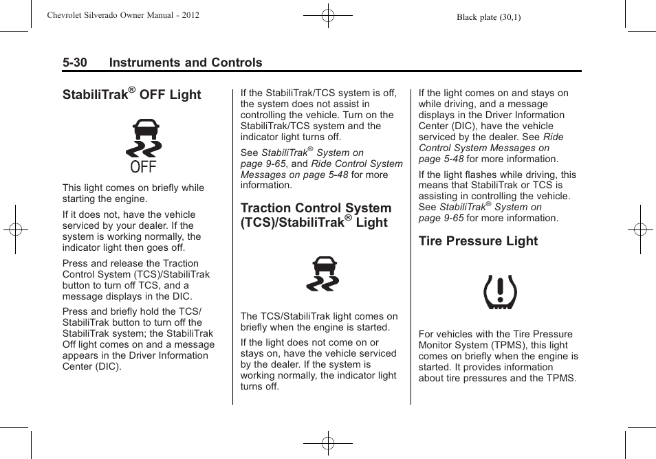 Stabilitrak® off light, Traction control system (tcs)/stabilitrak® light, Tire pressure light | Stabilitrak, Off light -30, Traction control system, Tcs)/stabilitrak, Light -30, Tire pressure light -30, Off light | CHEVROLET 2012 Silverado User Manual | Page 178 / 608