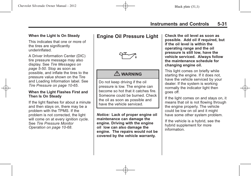 Engine oil pressure light, Engine oil pressure light -31 | CHEVROLET 2012 Silverado User Manual | Page 179 / 608