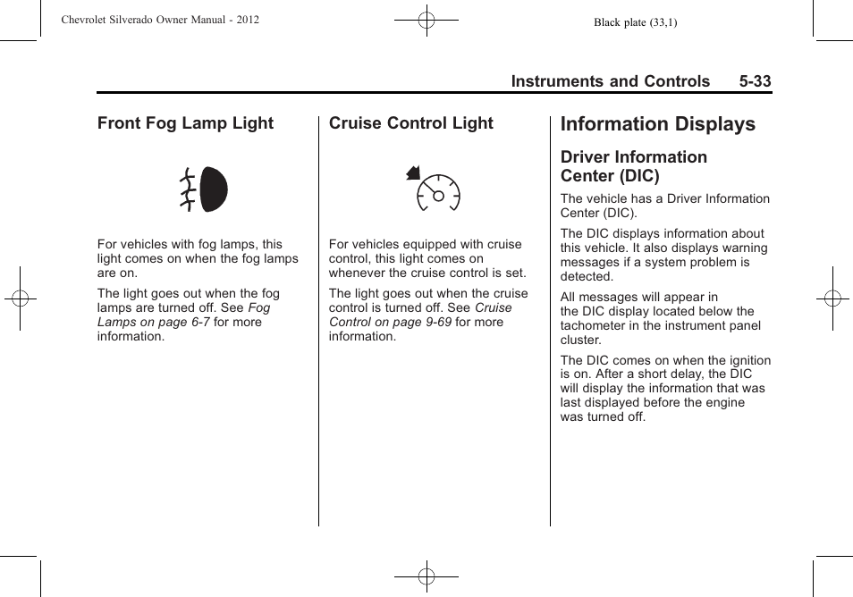 Front fog lamp light, Cruise control light, Information displays | Driver information center (dic), Information displays -33, Engine exhaust, Front fog lamp light -33 cruise control light -33, Driver information, Center (dic) -33 | CHEVROLET 2012 Silverado User Manual | Page 181 / 608