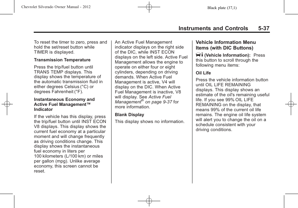 Instruments and controls 5-37 | CHEVROLET 2012 Silverado User Manual | Page 185 / 608