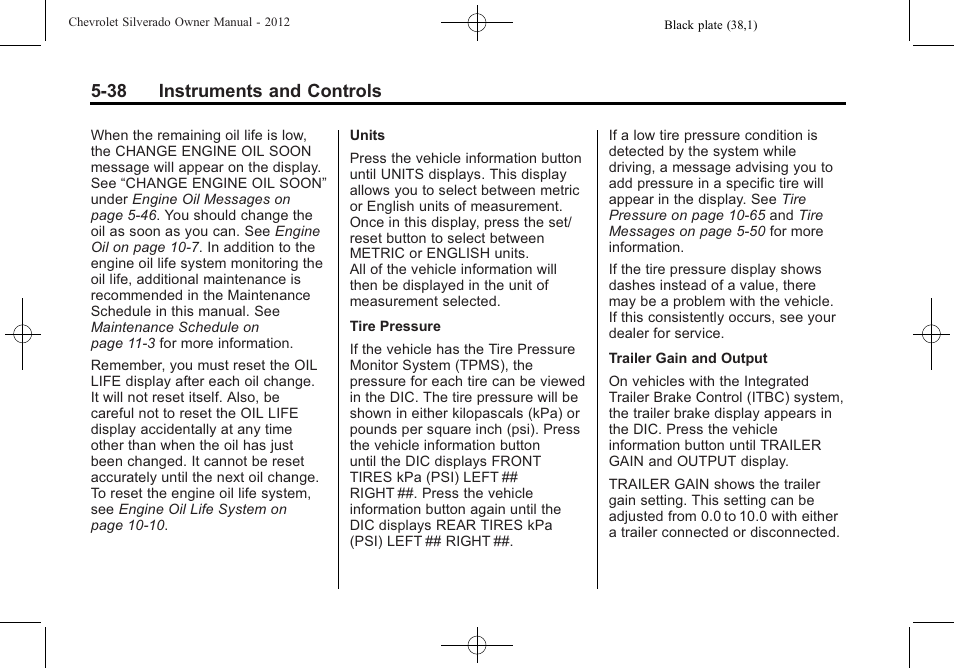 38 instruments and controls | CHEVROLET 2012 Silverado User Manual | Page 186 / 608