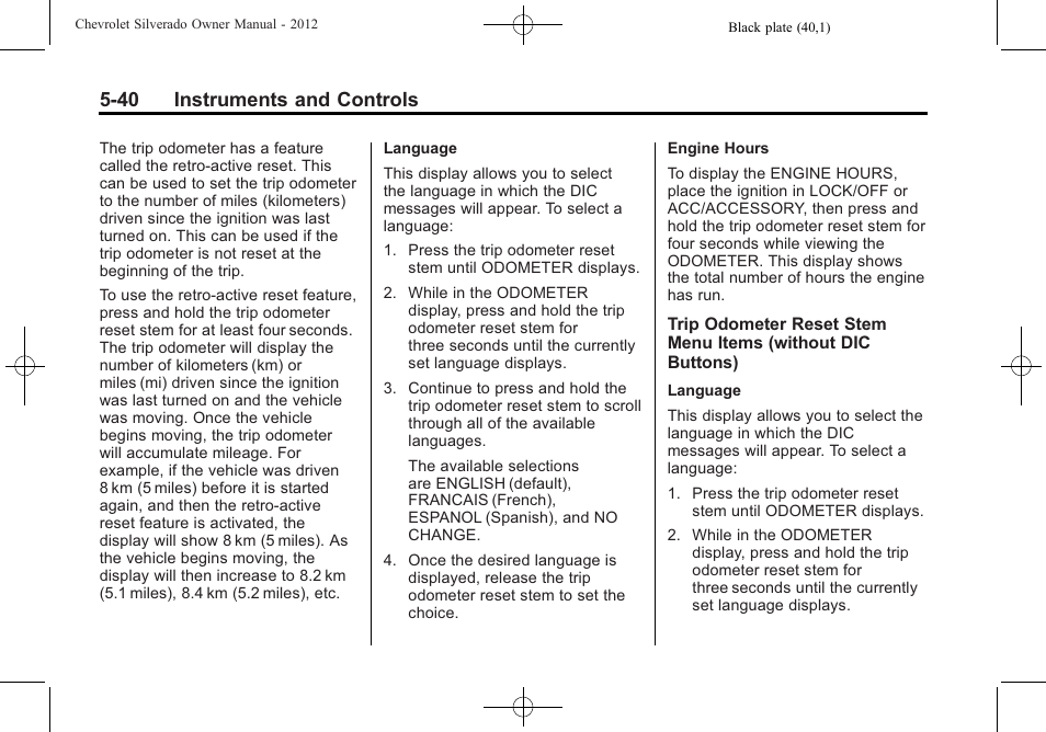 40 instruments and controls | CHEVROLET 2012 Silverado User Manual | Page 188 / 608