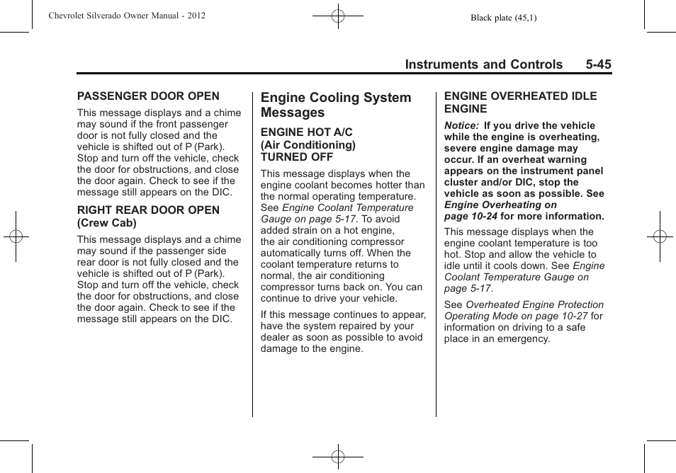 Engine cooling system messages, Engine cooling system, Messages -45 | CHEVROLET 2012 Silverado User Manual | Page 193 / 608