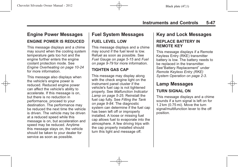 Engine power messages, Fuel system messages, Key and lock messages | Lamp messages | CHEVROLET 2012 Silverado User Manual | Page 195 / 608